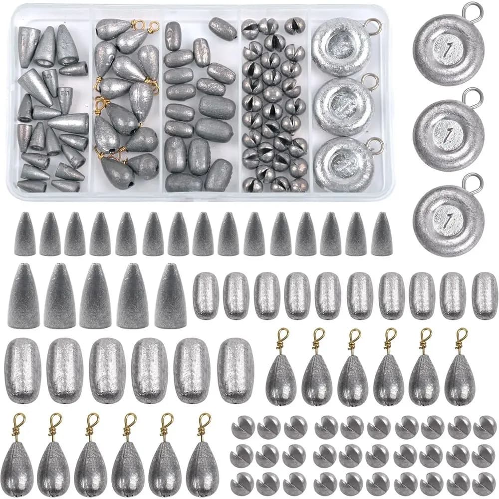 Fishing ball kit of 81 pieces: assorted bass, fall, split shot, coin weights for salt water launch with equipment box