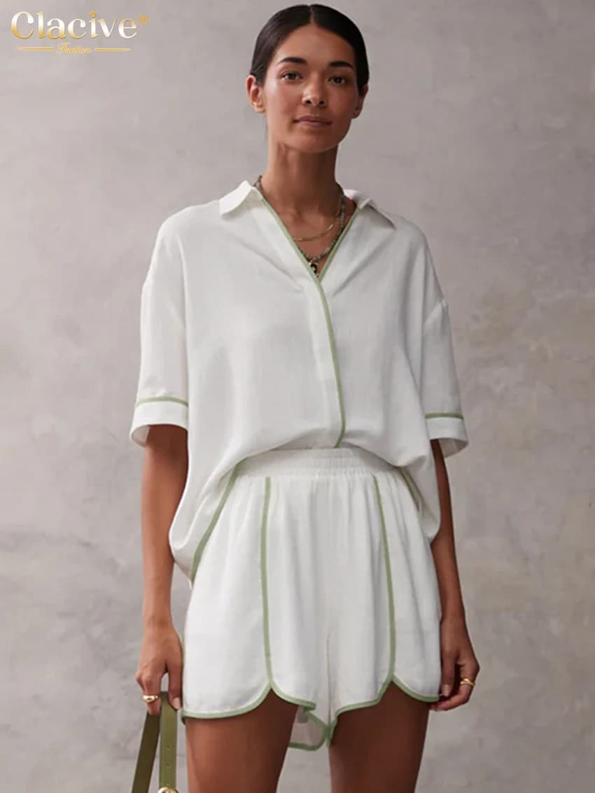 Clacive Summer Loose White Cotton Women Two Pieces Set 2025 Casual Short Sleeve Shirt With High Waist Shorts Set Female Clothing