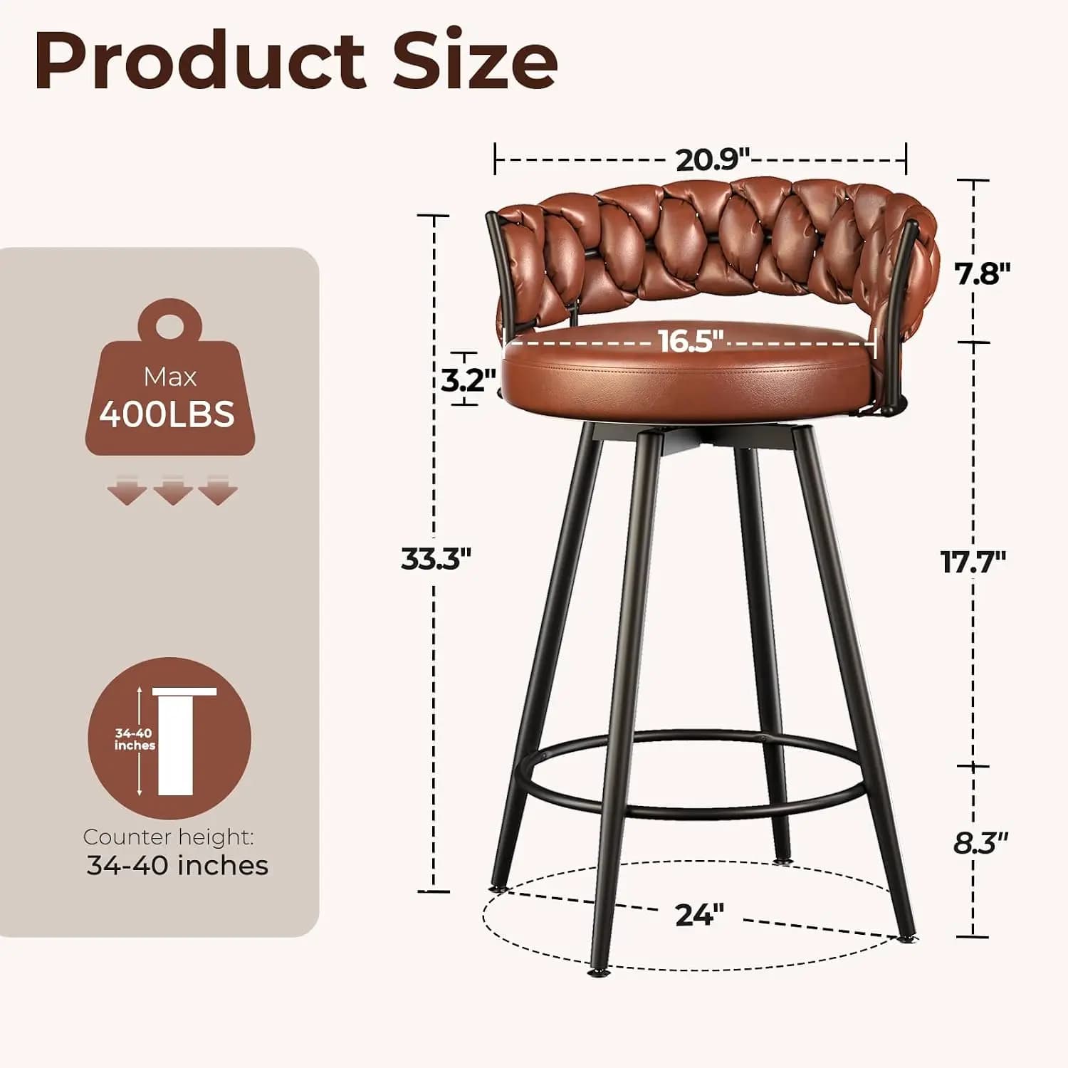 26" Counter Height Bar Stools Set of 2, Premium Faux Leather Barstools with Woven Backs Support & Heavy Duty Metal, Customized