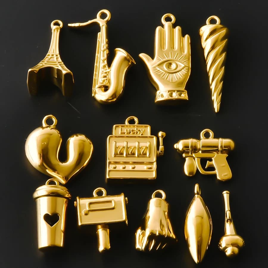 12Pcs Gold Plated 316 Stainless Steel Charms Eiffel Tower Saxophone Lucky 777 Hand Eye Pendants For DIY Bracelet Necklace Making
