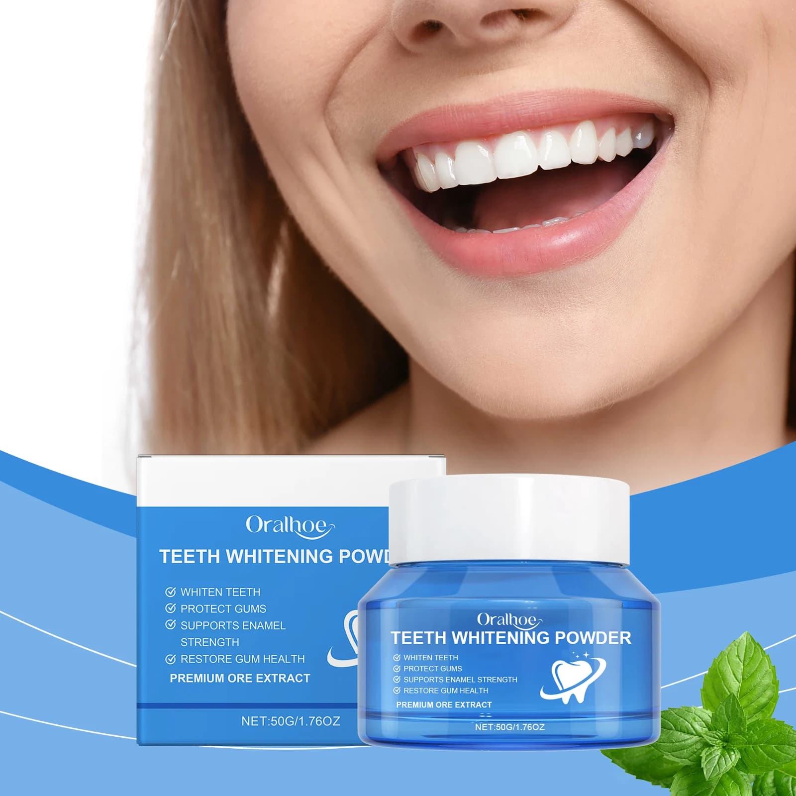Polvere Sbiancante per Denti, Rimuove le Macchie, Previene l'Alito Cattivo, Riduce il Dolore ai Denti, Allevia il Disagio delle Gengive Sensibili, Polvere per la Pulizia dei Denti