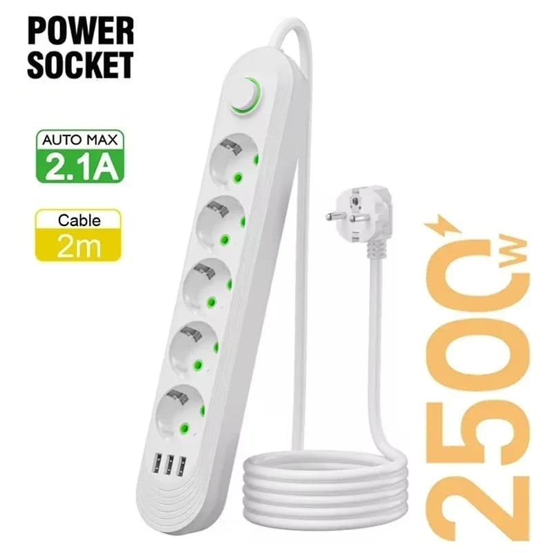 EU 2500W multi-faceted with 3/4/5 sockets, 2m extension cable, USB ports, AC Max 2.1A socket, Electric charging adapter