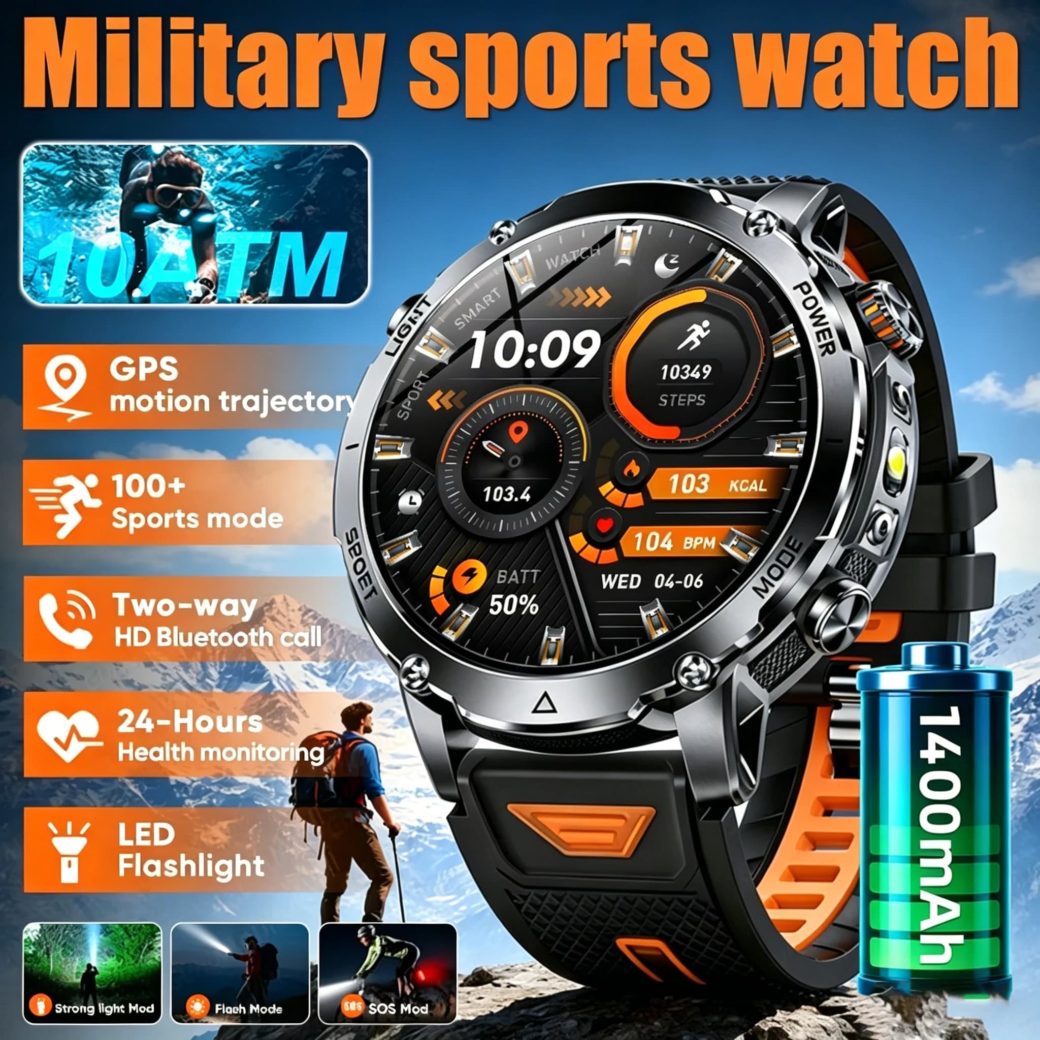 Smartwatch da uomo in offerta, 1400 mAh, schermo da 1,7 pollici, chiamate Bluetooth, assistente vocale, orologio sportivo fitness, impermeabile IP68.
