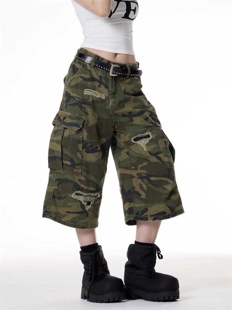 Retro Patchwork Camouflage 7/8 Length Loose Straight Leg Jeans Men Women Summer New Design Casual Comfortable Shorts
