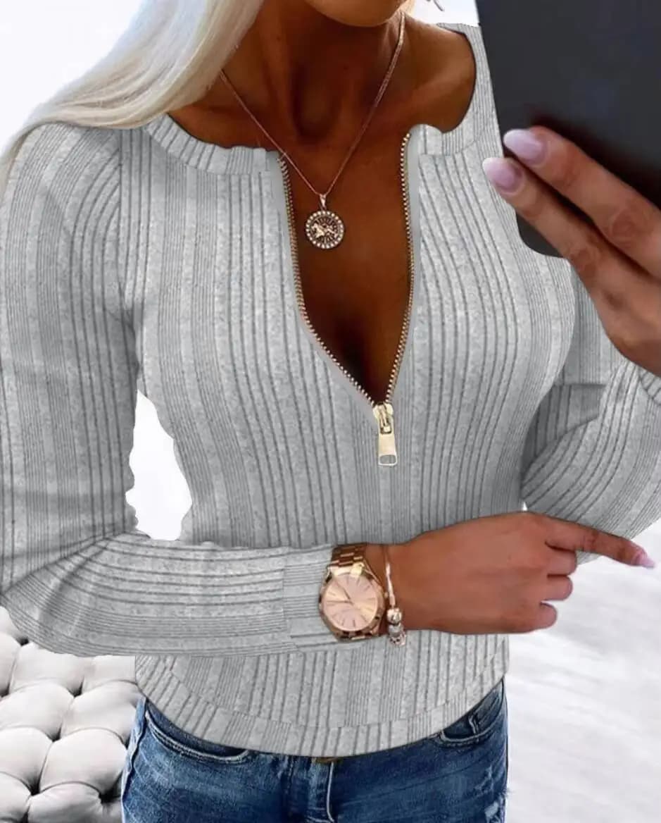 Top in Maglia da Donna Primavera-Estate, Grigio Chiaro, Collo Tondo, Mezza Zip, Maniche Lunghe a Costine, Slim Fit, Elegante per Uso Quotidiano e Appuntamenti