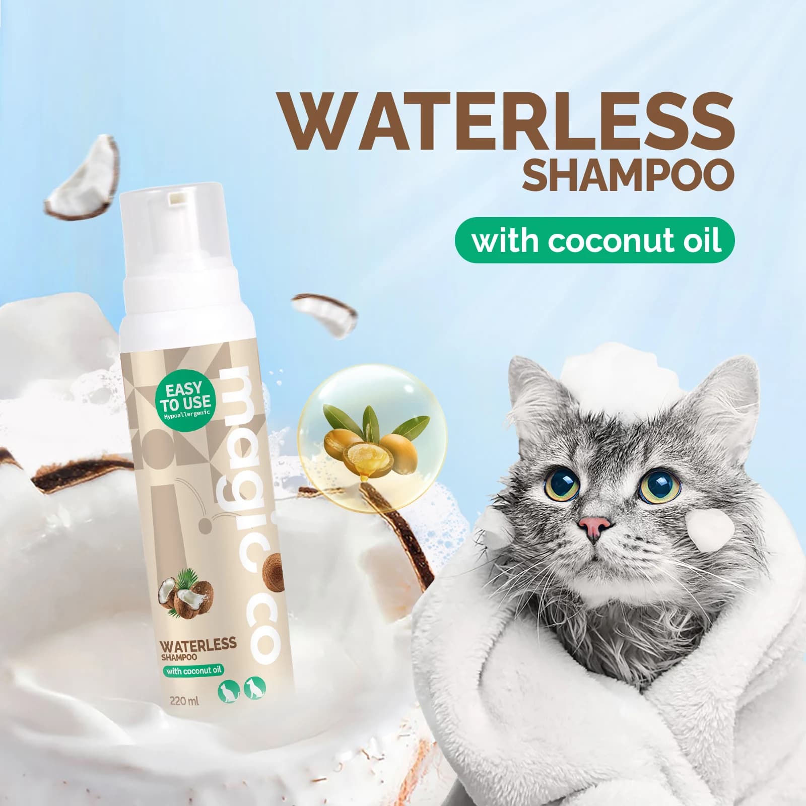 Shampoo Senz'Acqua per Animali Domestici 220ml, Senza Risciacquo, per Cani e Gatti, Detergente, Condizionante, Districante e Idratante