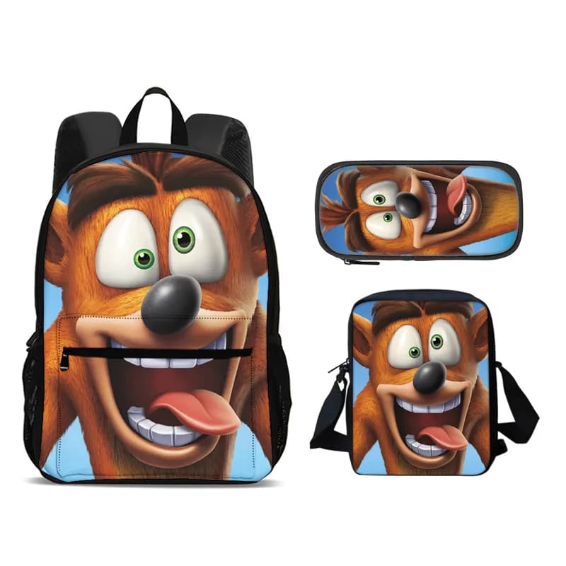 Crash Bandicoot backpack, pencil case, shoulder bag, 3Pcs Set, cartoon print, best school outdoor travel companion for students