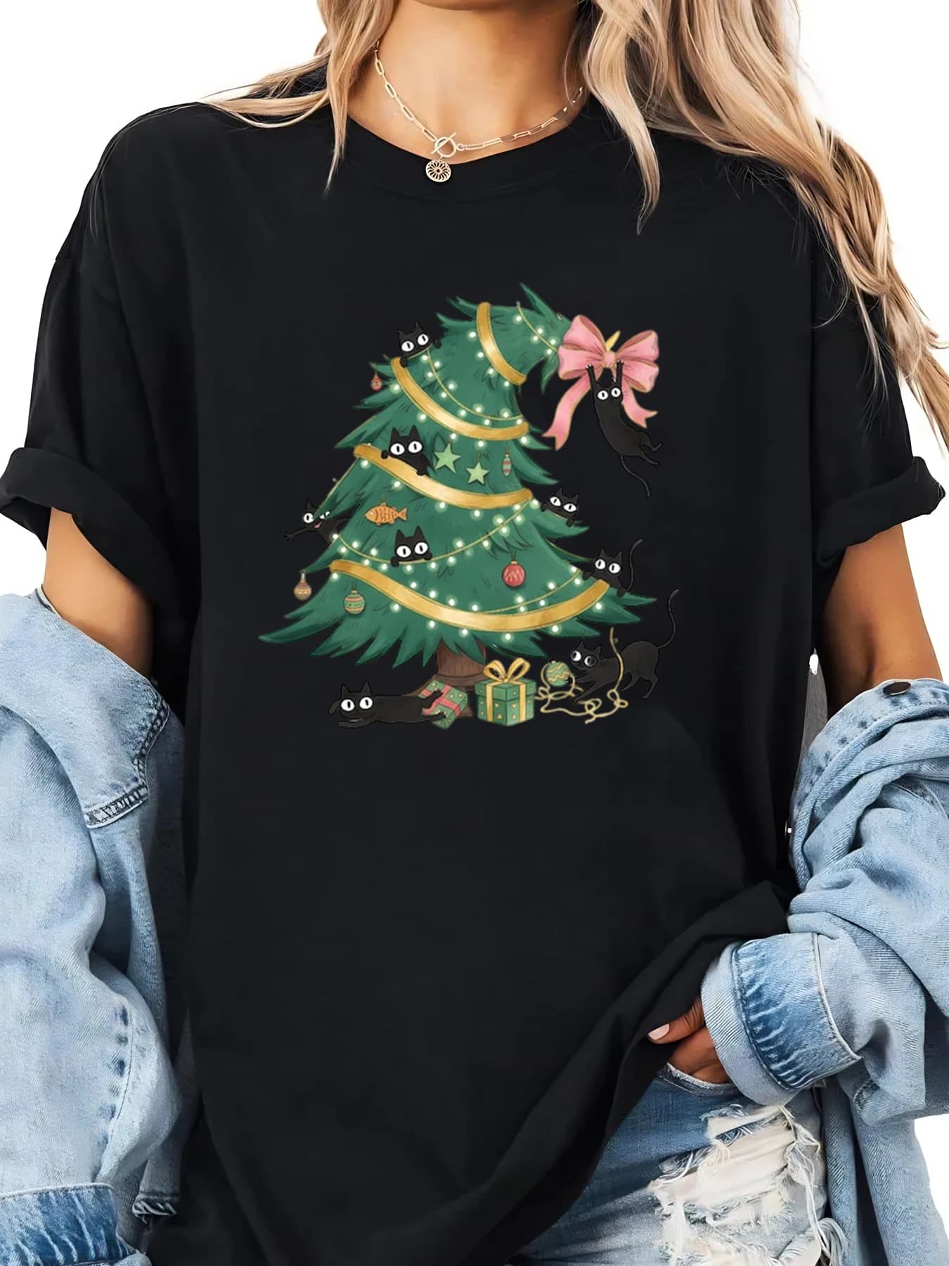 T-shirt natalizia con stampa albero di Natale con gatti Abbigliamento casual da donna Nero Taglie forti