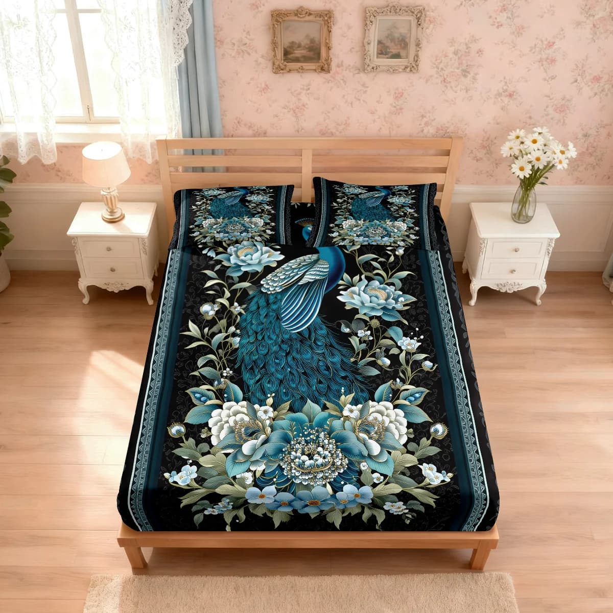 Set di 3 Lenzuola con Stampa Floreale a Pavone, Copriletto Morbido Multimisura, Decorazione per Camera da Letto