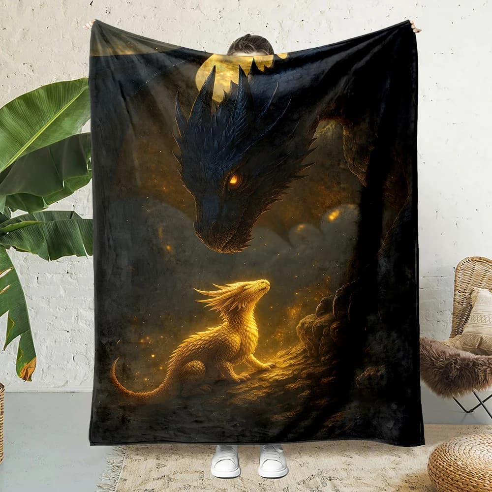 Coperta con stampa drago scuro che osserva un cucciolo dorato, calda, morbida e soffice, per bambini e adulti, per divano letto, per viaggi all'aperto, campeggio, camper