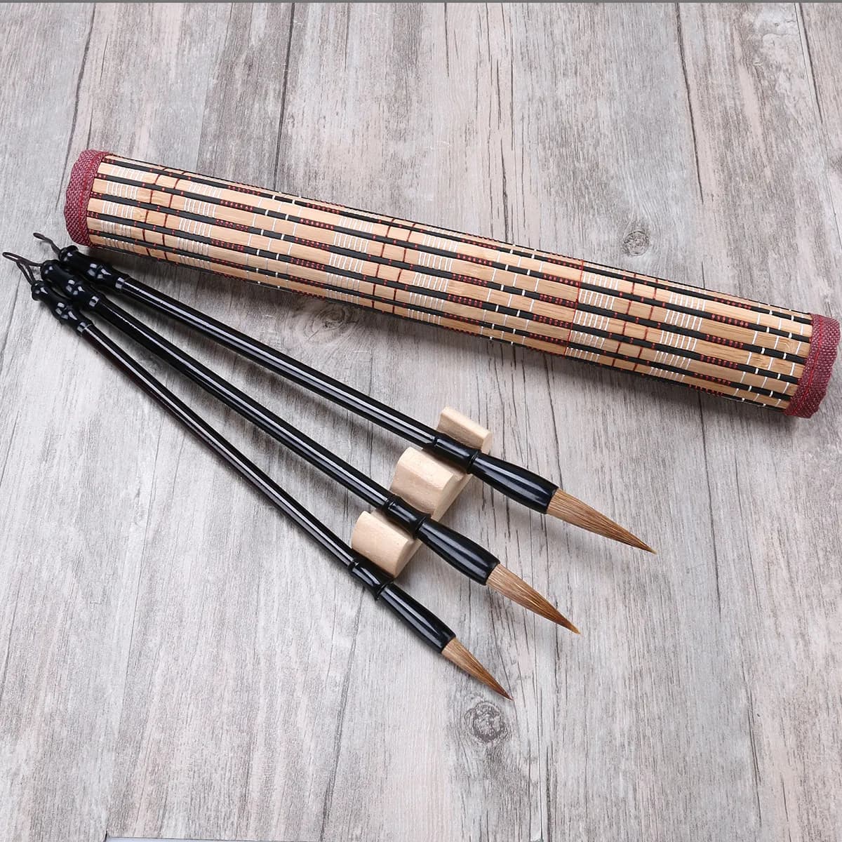 Traditional Chinese Calligraphy Brush Set Wolf Hair Wood Handle Black Brown Sizes 28Cm 27.2cm 26.8cm Penholder Included