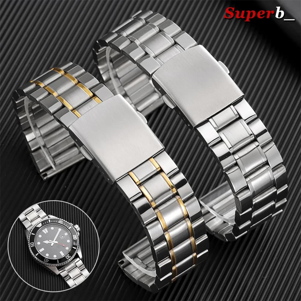 12/14/16/18/20/22/24mm Stainless Steel Watch Band Universal Strap Folding Safety Buckle Bracelet Strap Watch Belt Accessories