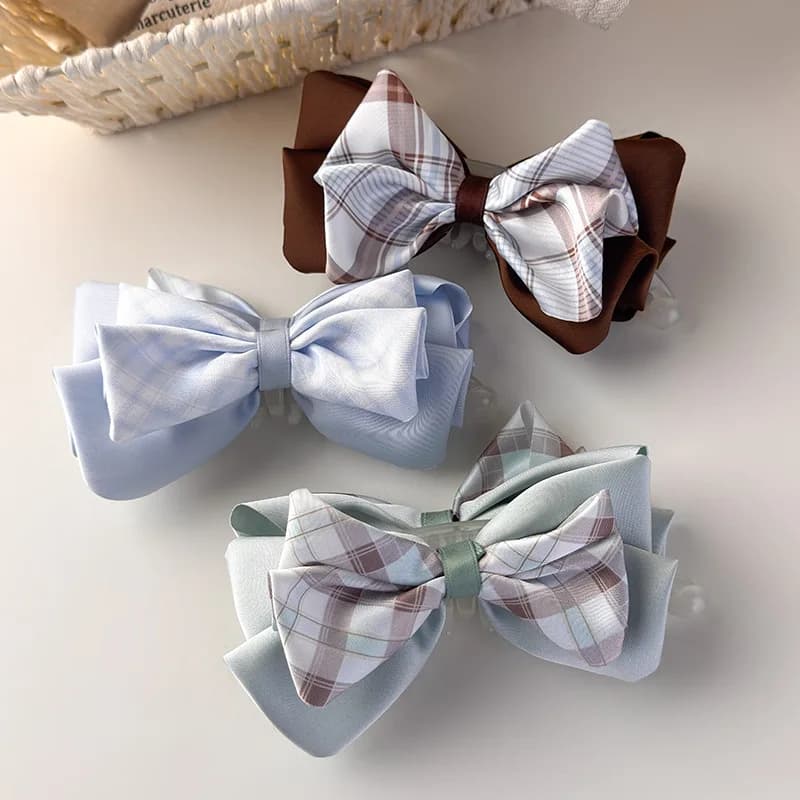 New Korean-style Checkered Two-Tone Fabric Bow Banana Clip: A Luxurious, Niche Hair Clip, Twist Clip, and Hair Accessory