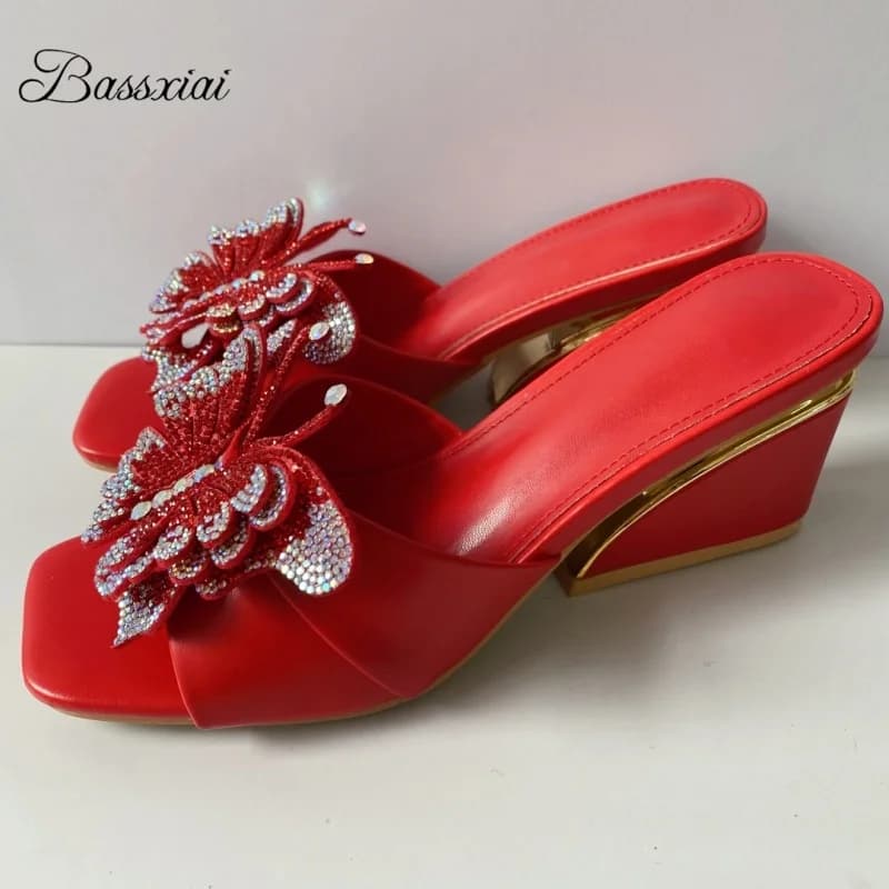 Unique Summer Sandals with Girl's Knee and Strap, with Crystal Decorations and Flowers in Butterfly, Women's Sandals