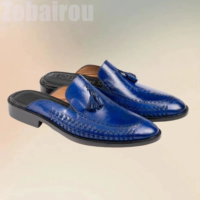 Blue Knitted Carving Design Tassels Decor Slippers Fashion Slip On Men Shoes Luxury Handmade Party Feast Office Men Casual Shoes