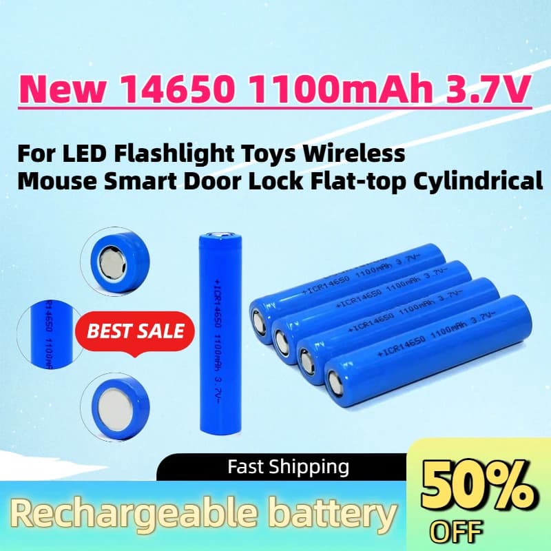 New 14650 1100mAh 3.7V Rechargeable Li-ion Battery for LED Flashlight Toys Wireless Mouse Smart Door Lock Flat-top Cylindrical