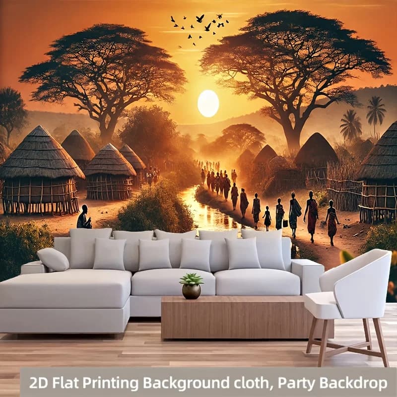 2D Flat, African Village Sunset Tapestry with Hut Silhouettes and People Walking for Living Room Wall Decor