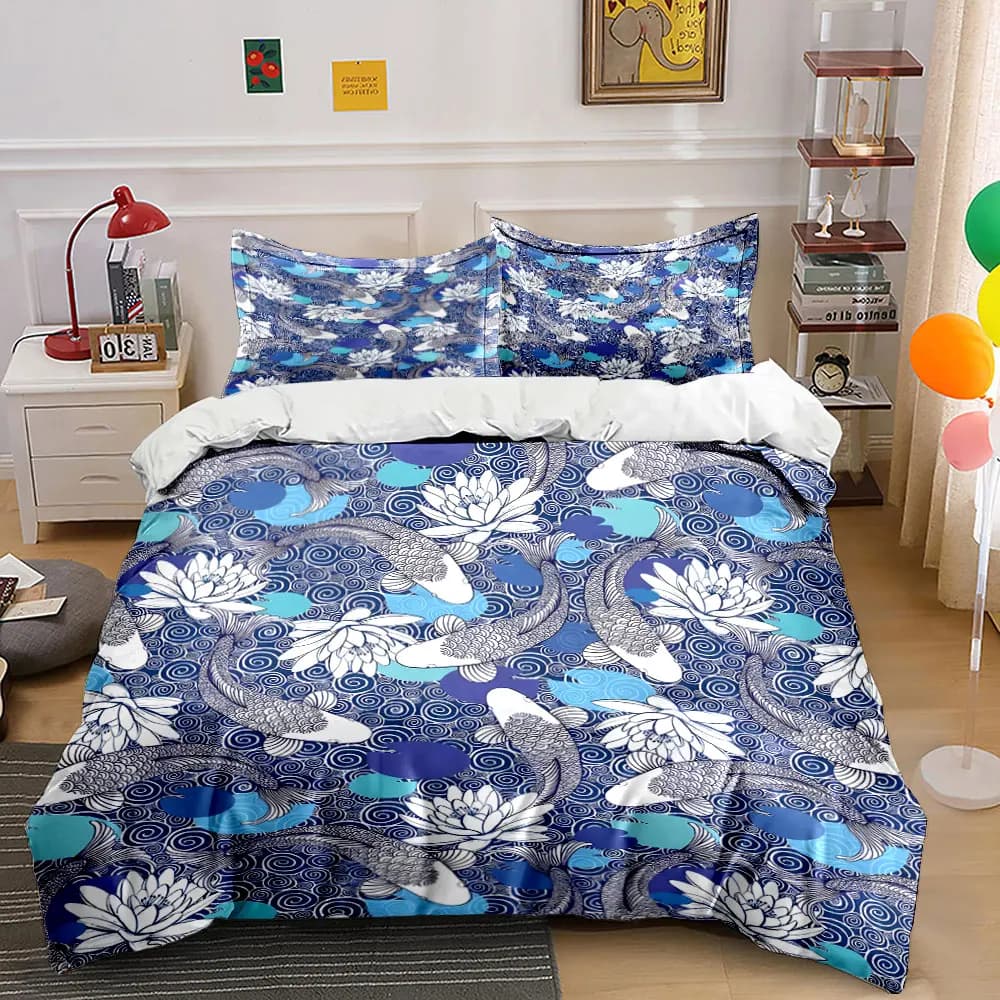 Set di biancheria da letto con decorazioni a forma di loto e pesci koi, morbido e confortevole, include 1 copripiumino e 2 federe, idea regalo