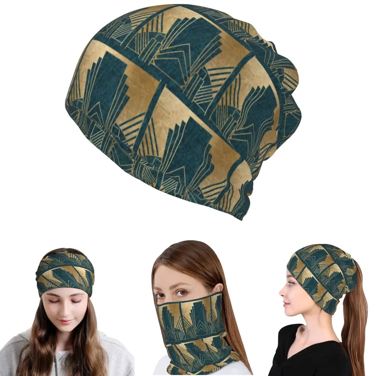 Art Deco Glamour - Bandana color verde acqua e oro, copricollo, maschera, sciarpa, copricapo multiuso, berretto per uomo, donna, adulto, inverno