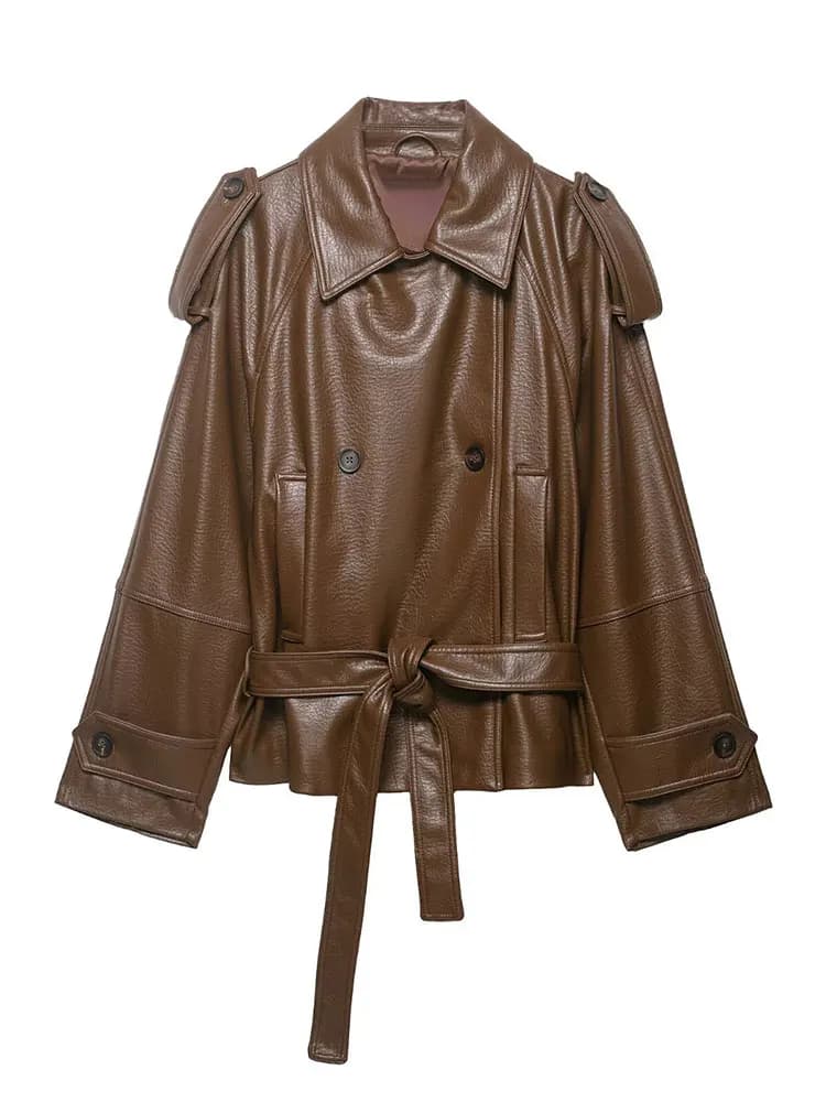HH Giacca Trench da Donna in Ecopelle con Cintura e Doppio Petto per Moda, Streetwear, Appuntamenti, Casual, Uso Quotidiano e Vacanze