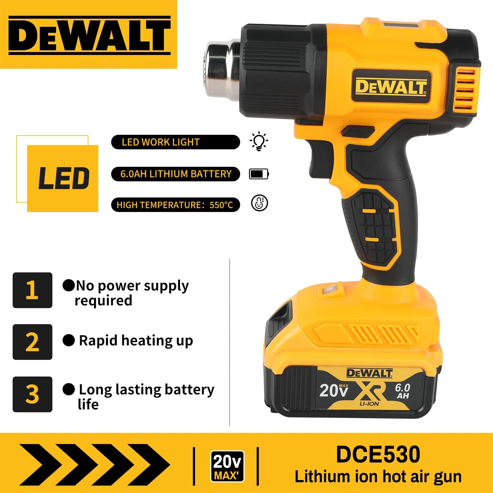 DEWALT 18V 21V Pistola Termica per Termoretrazione, Pistola ad Aria Calda Senza Fili, Asciugatore Elettrico, Soffiatore Termico per Saldatura, Batteria 18/20V