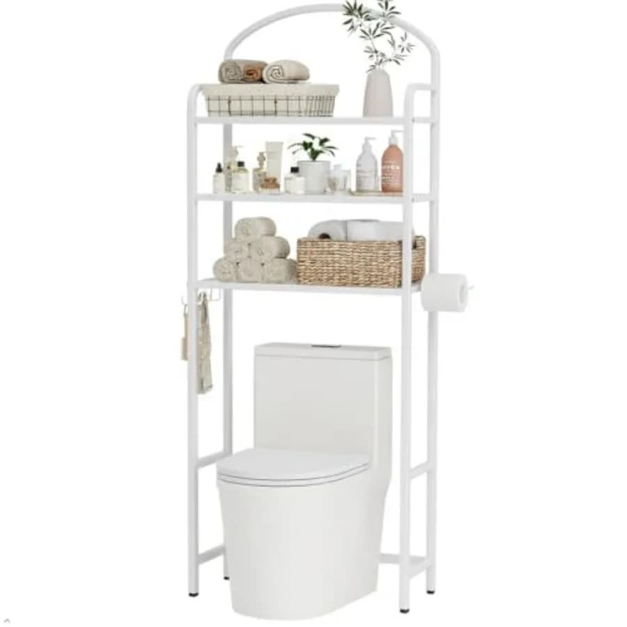 Scaffale Salvaspazio da Bagno a 3 Livelli Sopra il WC con 4 Ganci e Portarotolo, Organizzatore in Metallo per Accessori Bagno