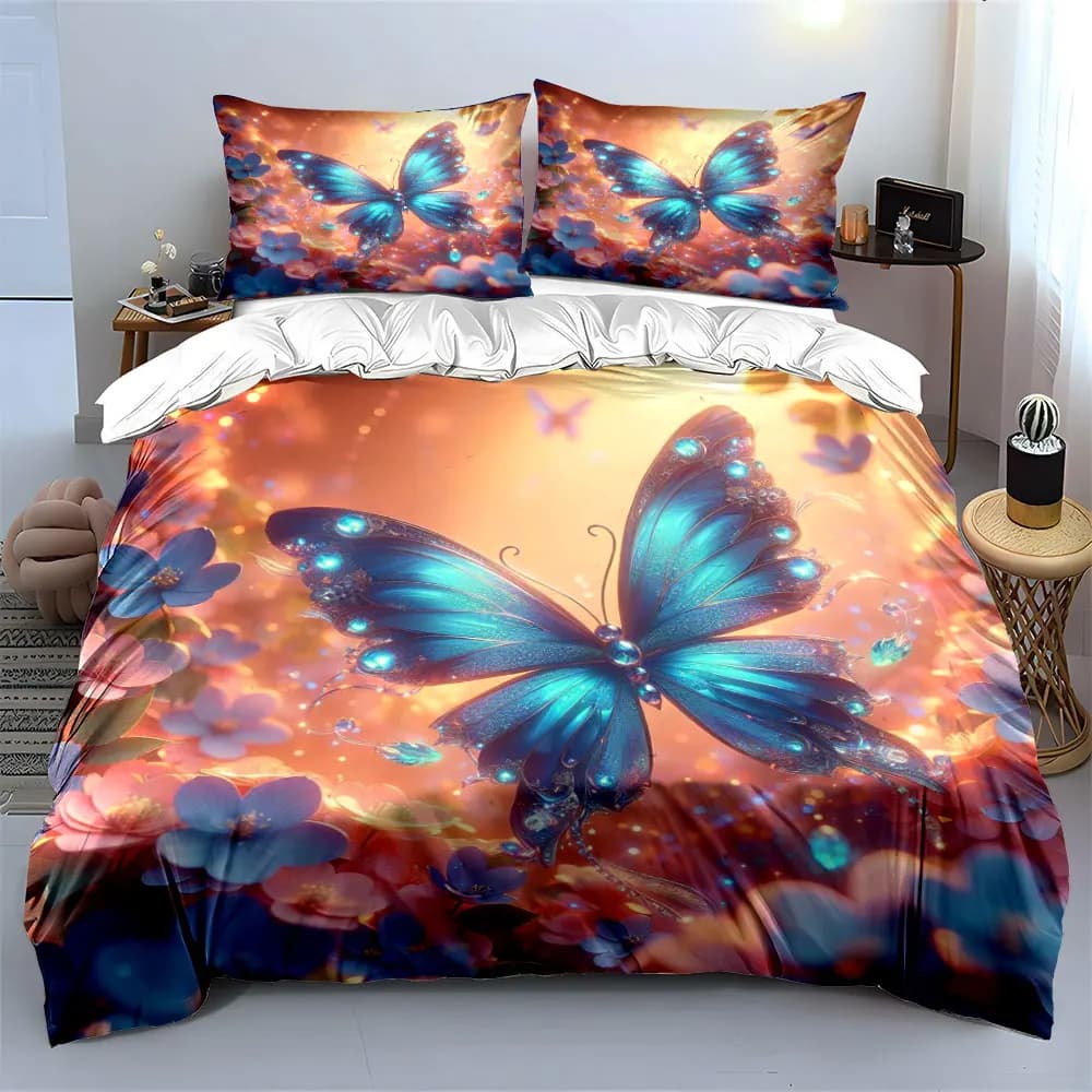Set Copripiumino 3 Pezzi con Stampa 3D di Farfalle Blu in Fiori, Morbido Set Lenzuola in Poliestere per Tutte le Stagioni
