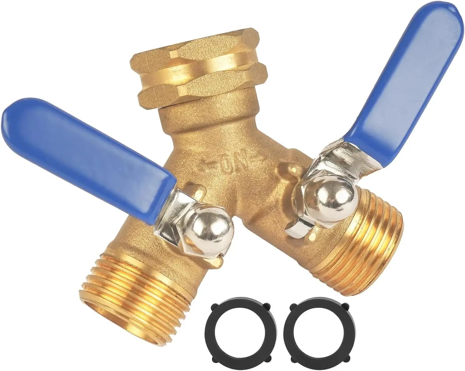 2-way brass Y valve for garden hose, durable, with easy rotation handle, 3/4 inch GHT attachment for outdoors