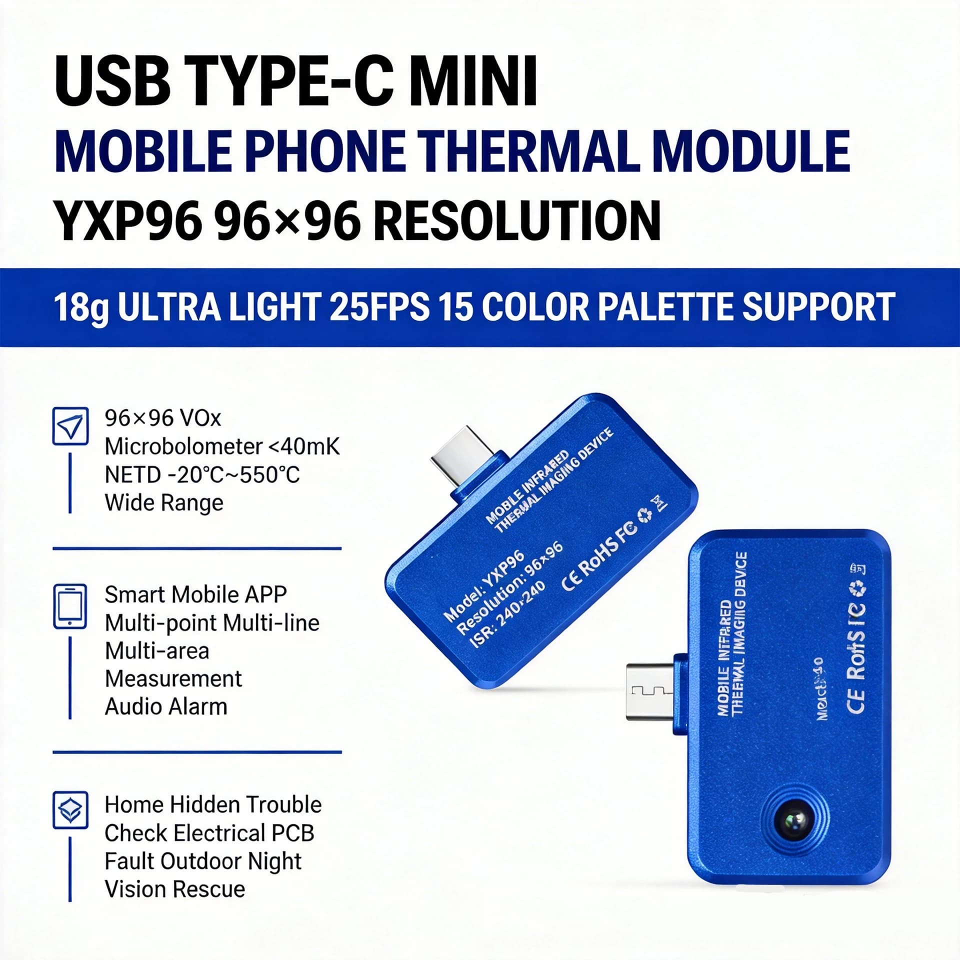 YXP96 Mobile Thermal Imager USB-C 96x96 25Hz -20~550℃ Thermal Camera for Android Phone HVAC Inspection