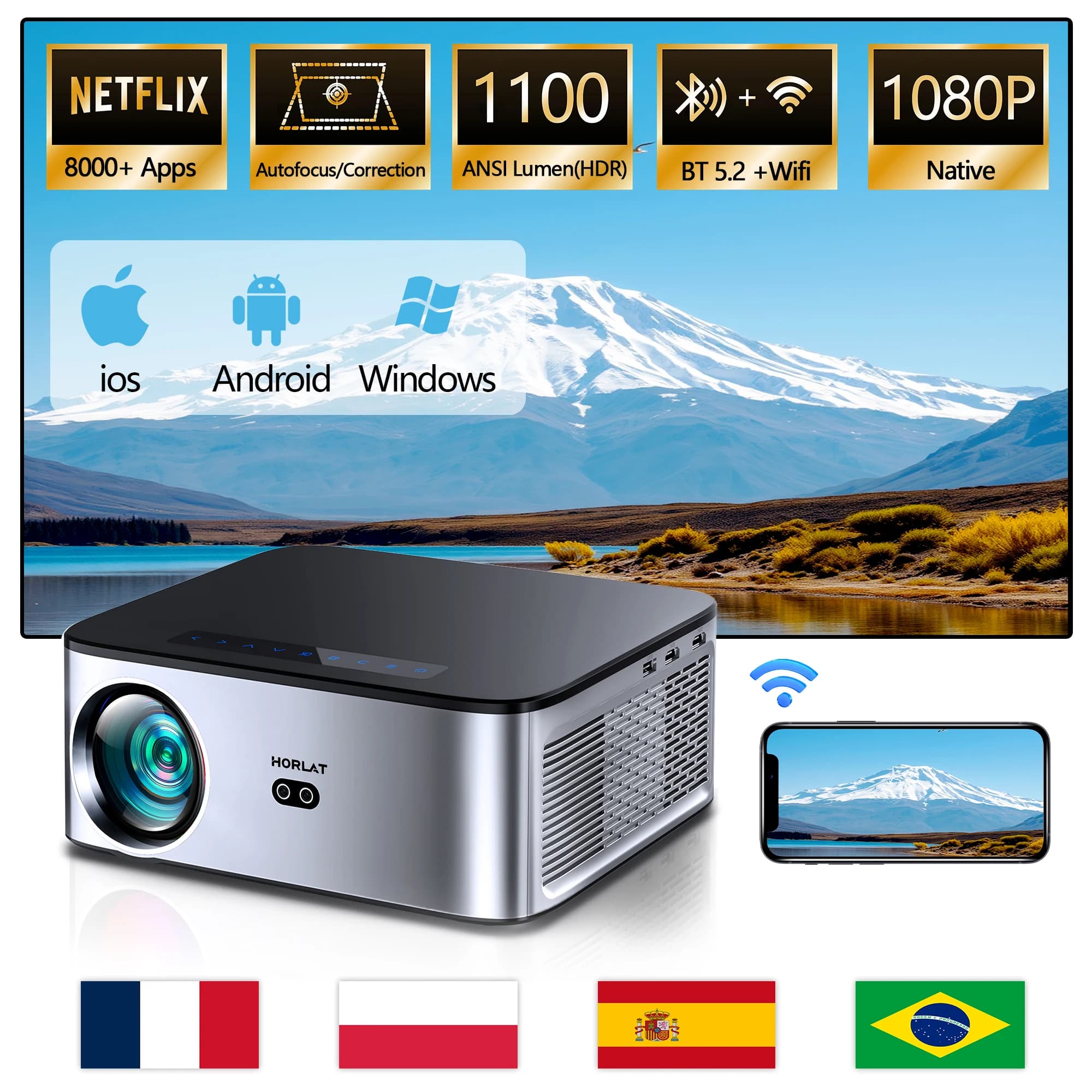 HORLAT Nuovo Proiettore Android 1600 Ansi 4K per Esterni, 32GB ROM, Full HD 1080P, Video 8K, Home Theater, Auto Focus, Keystone, WiFi 5G