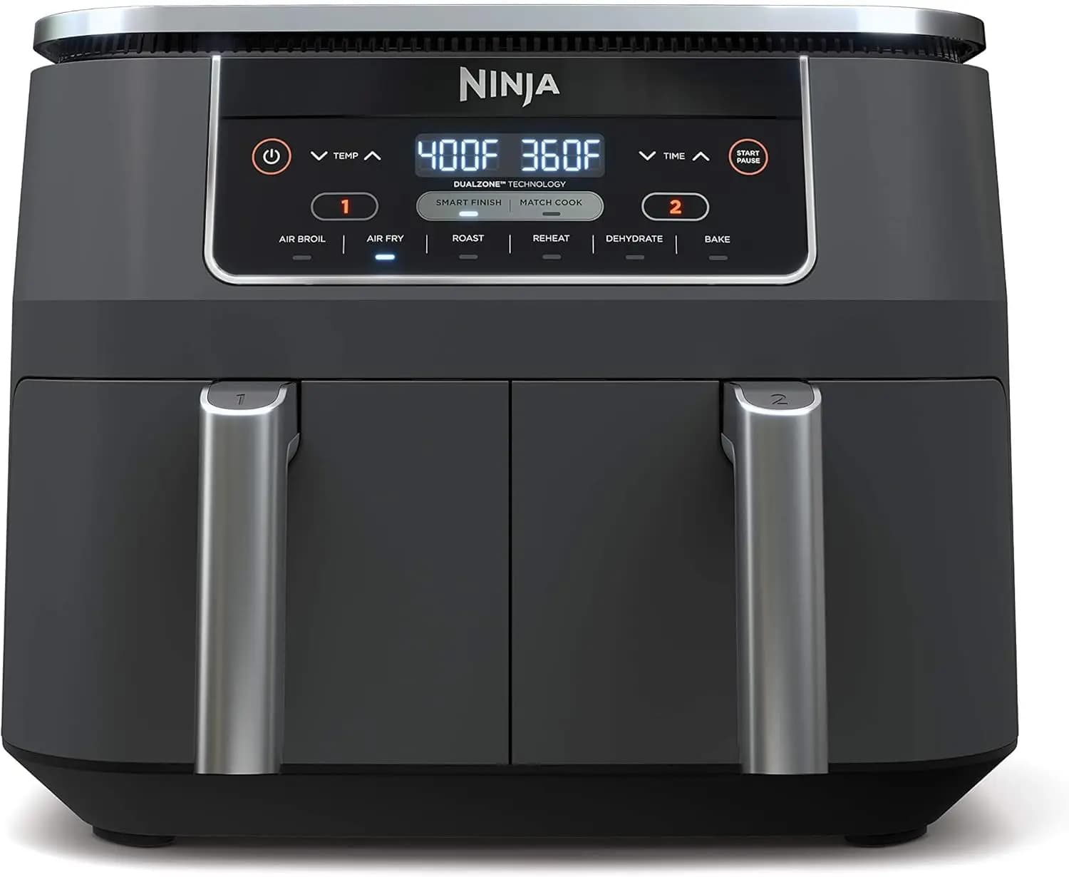 Dualzone Two Basket Air Fryer 6 In 1 Independent Baskets Roast Broil Dehydrate Quick Meals Eight Quart Grey