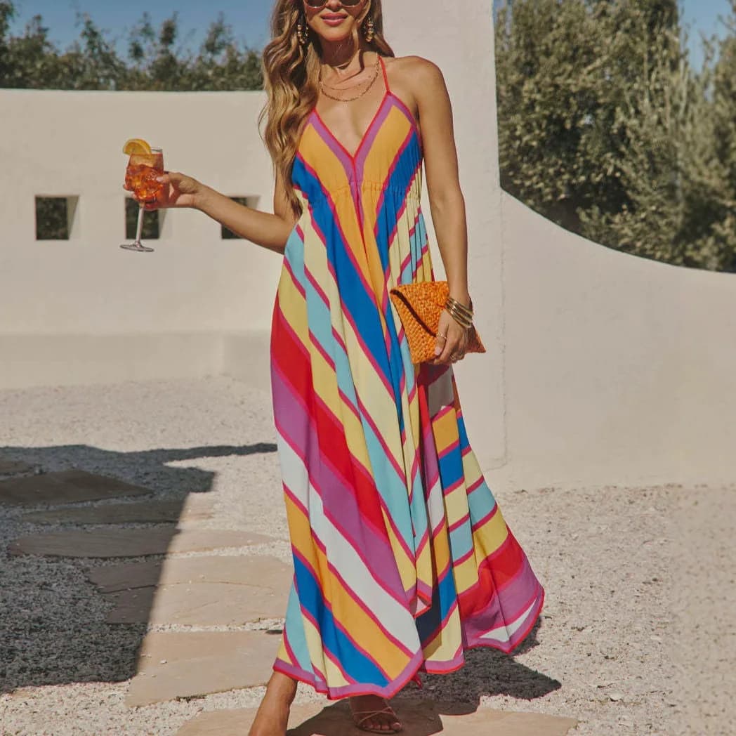 Chic 2026 Spring Beach Dress Summer Off-the-shoulder V-neck Suspender Printed Fairy Long Dress Big Pendulum Dress Women Y2K