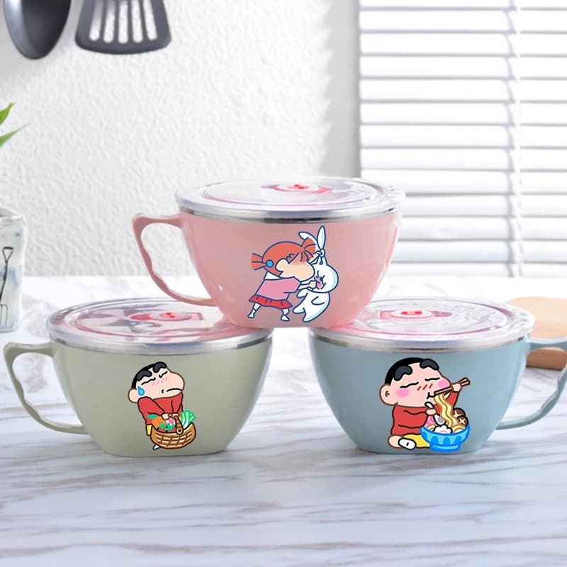 Crayon Shin-chan Noodle Bowl Large Capacity Stainless Steel Bowl Double-layer Heat Protection Instant Food Storage Container New