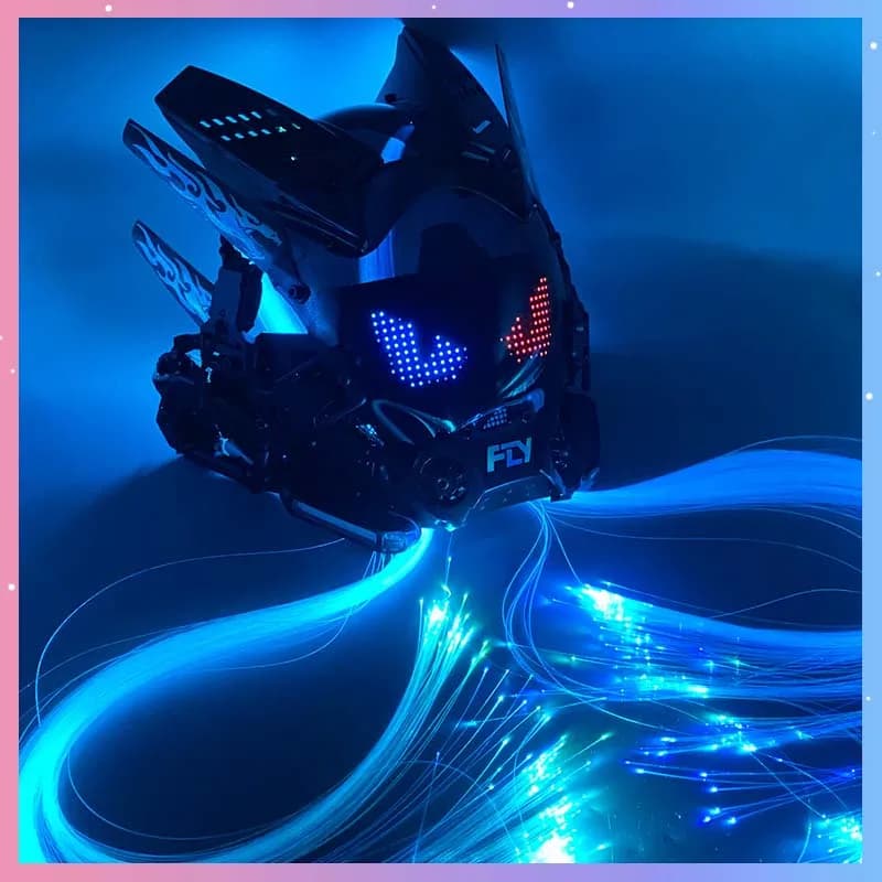 Maschera Cyberpunk, Casco da Mech Warrior per Cosplay con Schermo LED Colorato e Trecce Luminose, Accessorio per Feste di Halloween