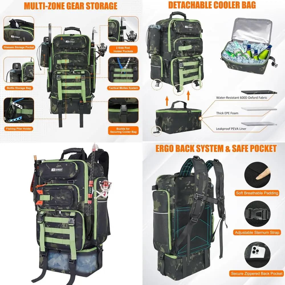 45L Fishing Backpack with Thermal Disappearance, Portacanne and Thermal Bag for Lunch - Large Exterior Bag for Fishing Equipment with Space for 4 Boxes and Tools