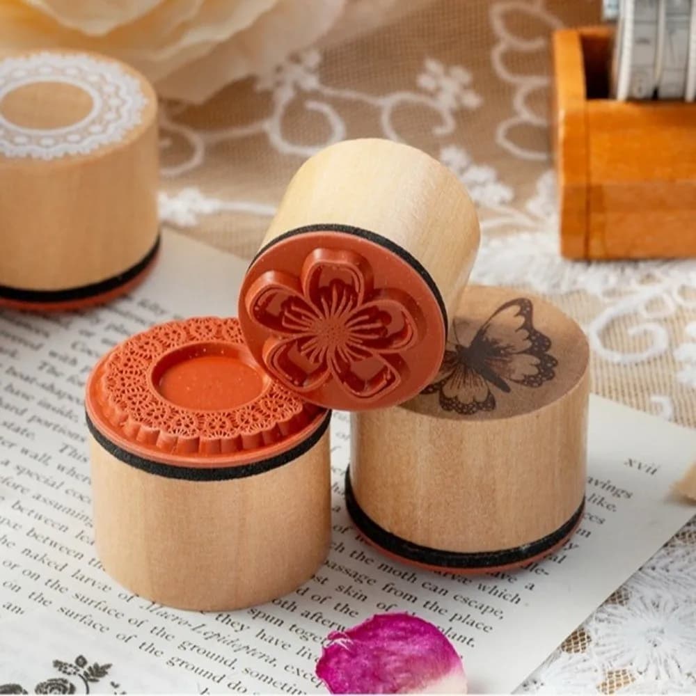 New Flower Themed Wooden Stamp Set 3 Options DIY Craft Cylindrical Stamp Handmade Style Petal Lace Stamp Handbook Craft