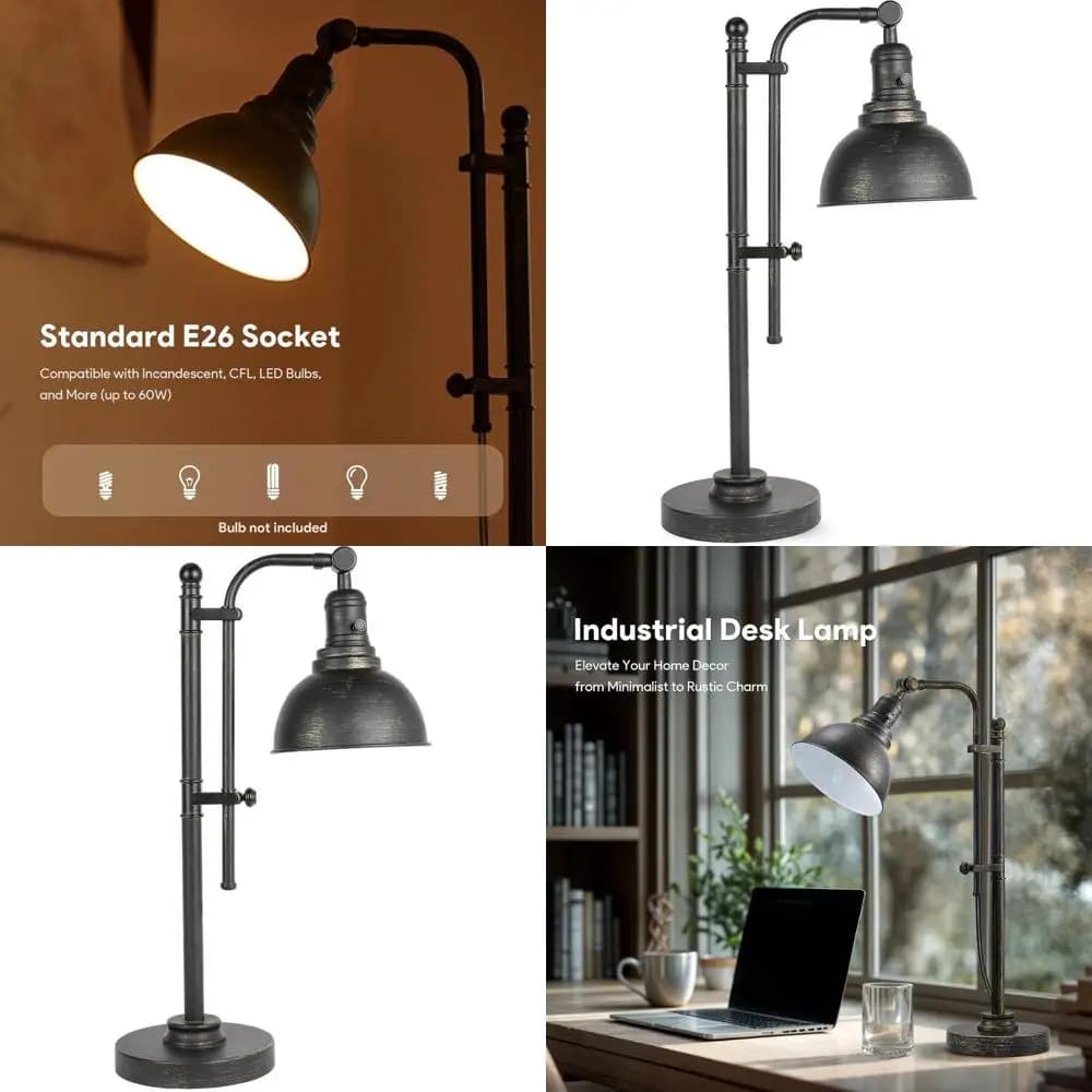Lampada da Scrivania Industriale Regolabile in Bronzo, Luce da Lavoro Vintage in Metallo 25-29, Finitura Bronzo Invecchiato, Certificata ETL