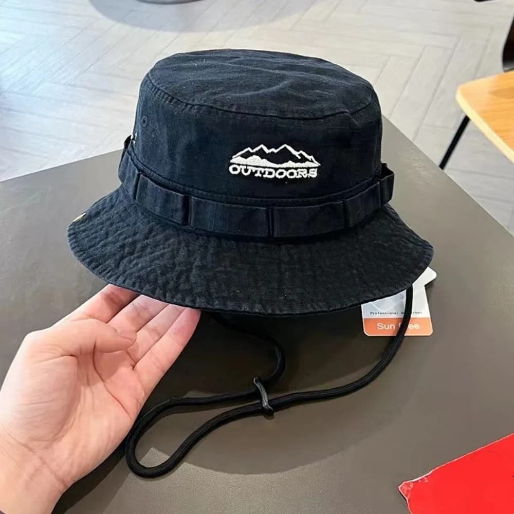 Cappello da Pescatore con Ricamo Montagna alla Moda, Unisex, Protezione Solare, Cappello a Secchiello Tinta Unita per Escursionismo