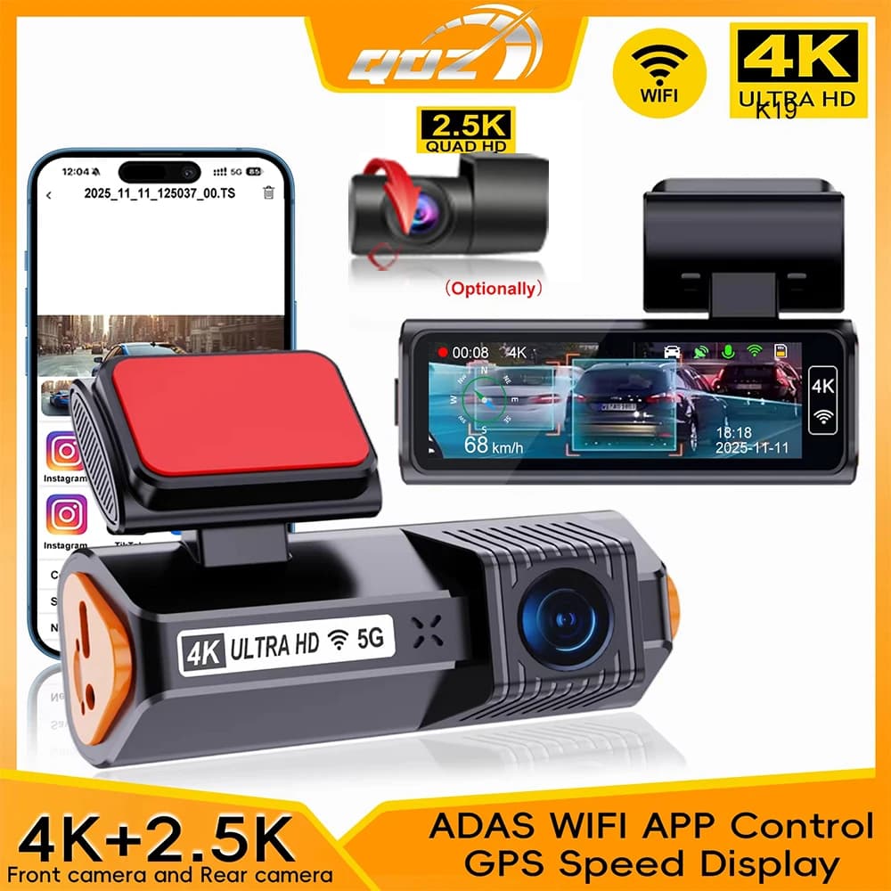 QOZ Dash Cam Compact 4K, Double 2.5K lens, GPS APP Control WDR Night Vision Parking 24H