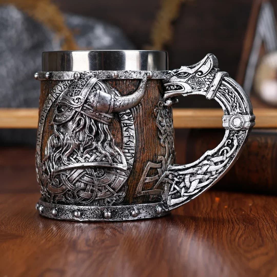 450ml Valhalla Vichingo Acciaio Inossidabile Nordic Barile Drago Barca Guerriero Corno Teschio Boccale di Birra Tankard Stein Tazza Resina Uomo di Vetro