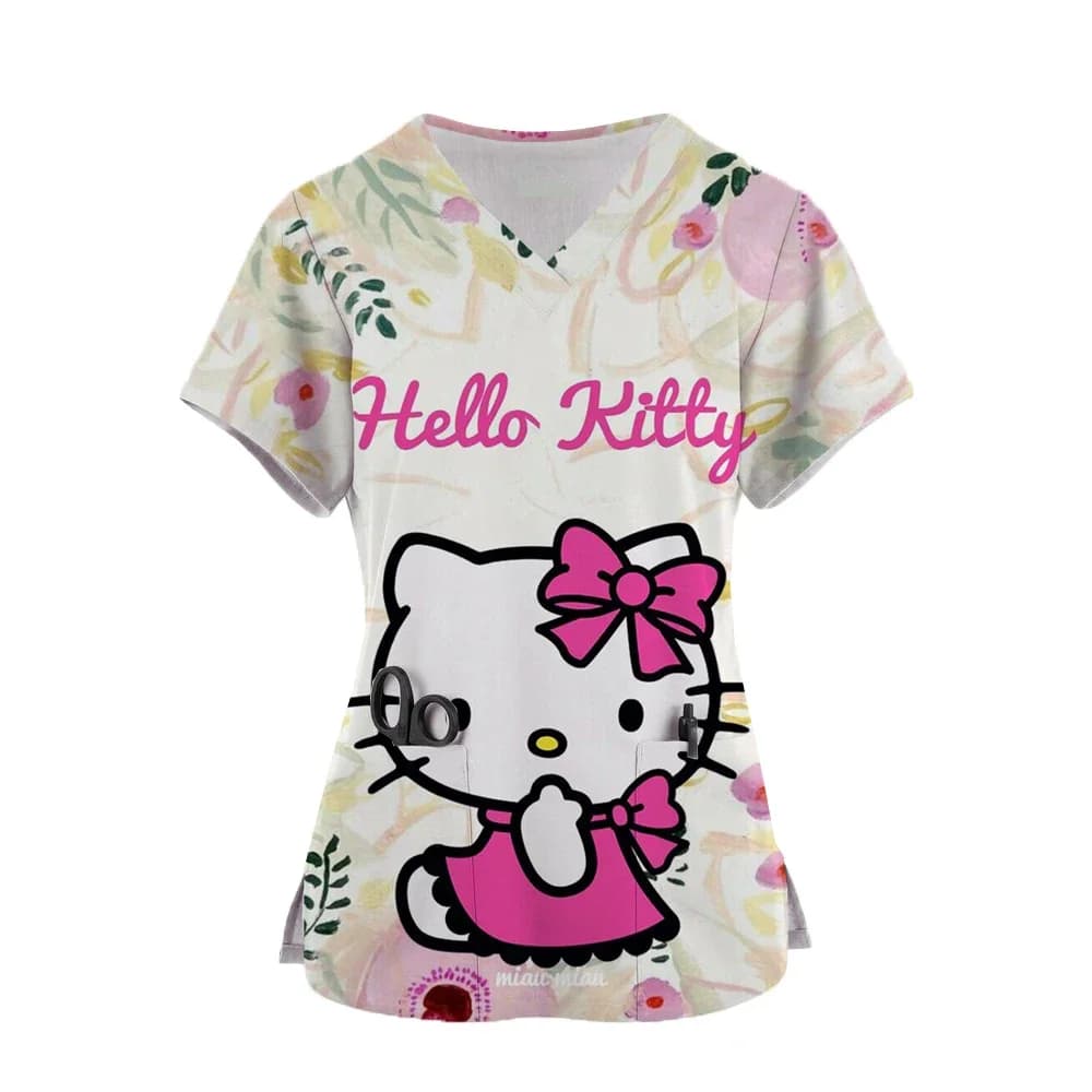 T-shirt estive Tasca Top Infermiera Uniforme Hello Kitty Scollo a V Donna Vestiti Camicia Ospedale T-shirt Top Donna 2025 Tees