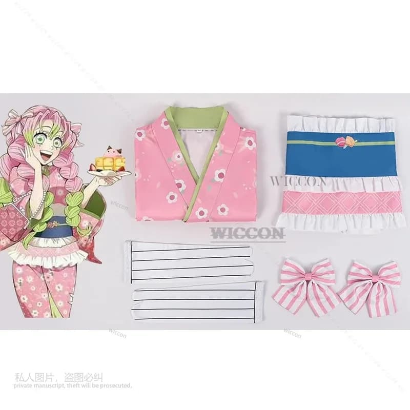 Anime Kanroji Mitsuri Kimono Woman's Belt Girl Halloween Party Cosplay Costume Pink Performance Uniform with Hair Thing;2'k,8
