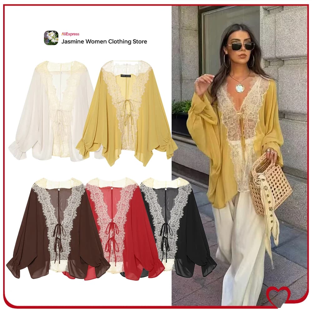 Elegant Chic Combination Lace Blouse with Asymmetric Hem New in Fabulous Long Sleeves Tied Blouse with Elastic Cuffs and Ruffles