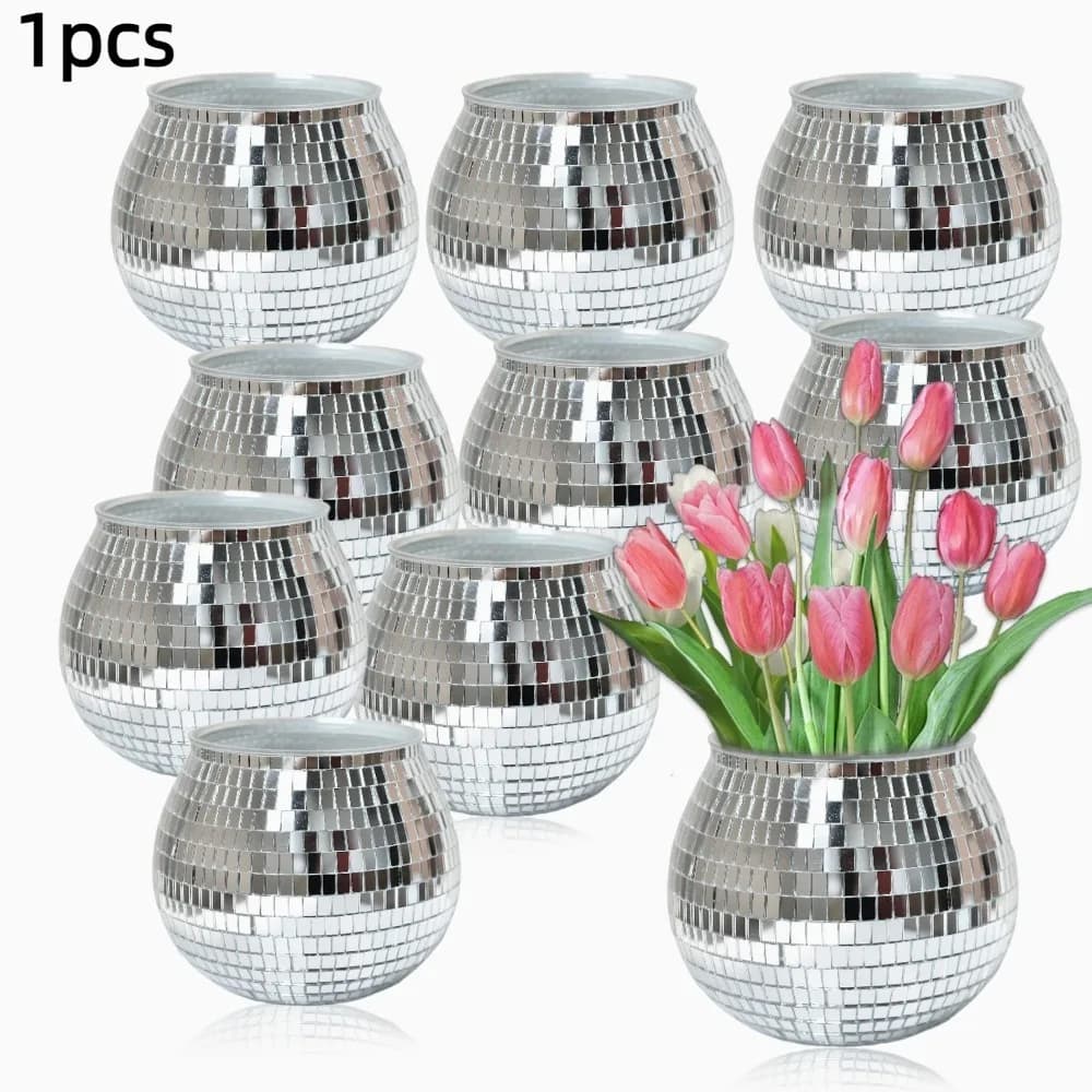 Disco Ball Floral Vase Disco Ball Flower Jar Silver Mirror Glass Decoration Vase Flower Plants Shop for Home Decoration