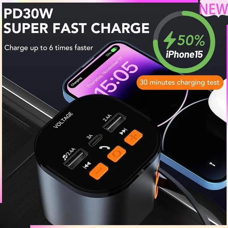 Caricabatteria da auto retrattile B27B, adattatore per trasmettitore FM Bluetooth, caricabatteria da auto per chiamate in vivavoce, caricabatterie rapido per telefono per auto 5 in 1