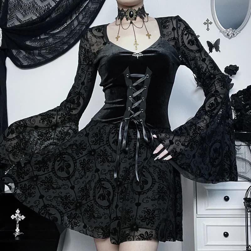 KIDCRKJ Elegante Abito Gotico Vintage in Velluto Stile Grunge Punk, Vestito Floccato con Maniche a Campana per Donna, Outfit Alternativo da Festa