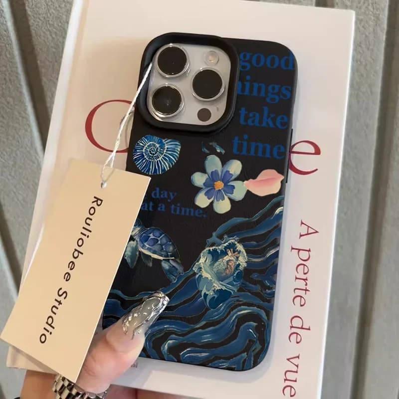 Custodia per telefono antiurto per iPhone 16 15 14 Plus 13 11 12 Pro Max 16e X XR XS Retro Tartaruga marina Fiore Modelli di ondulazione dell'acqua Cover