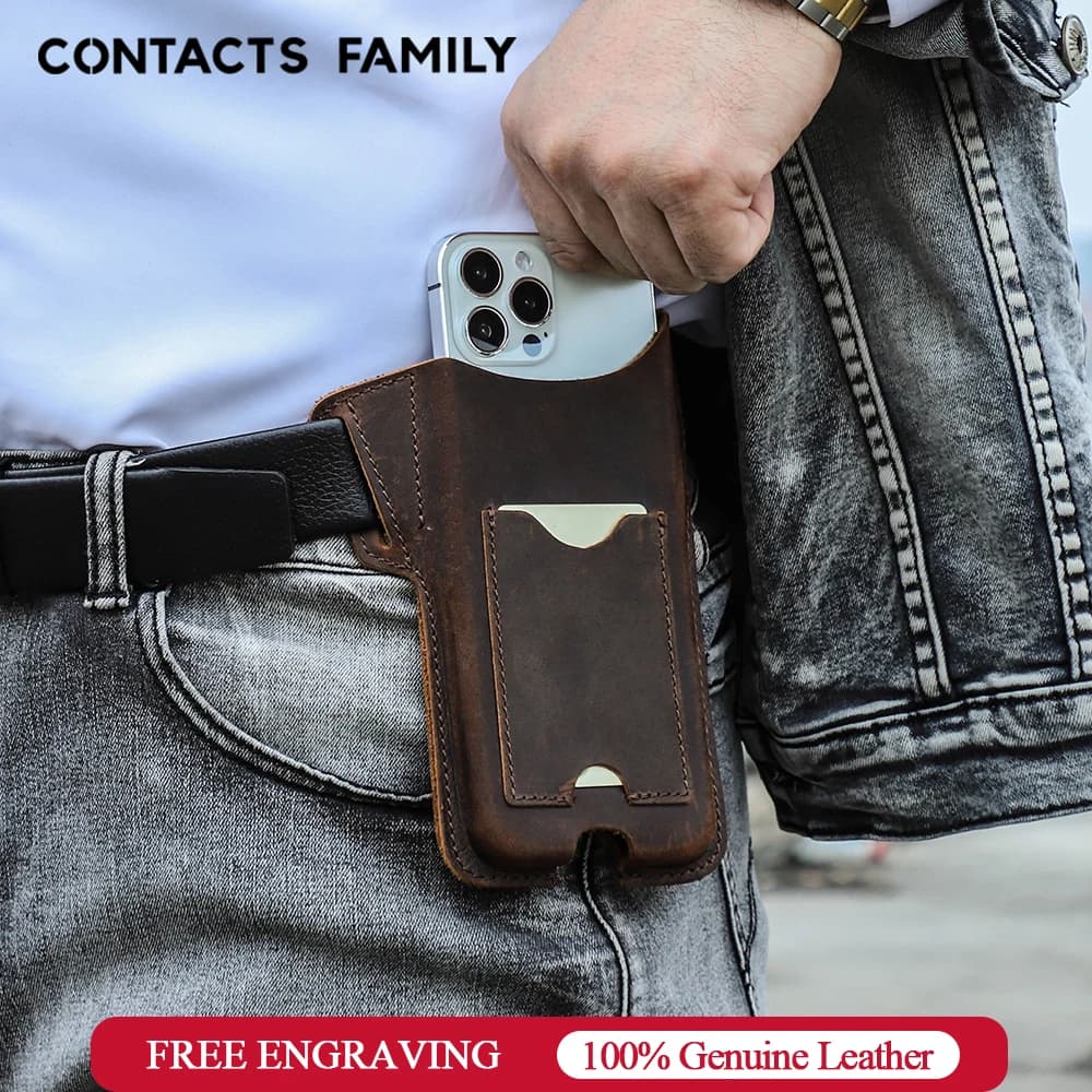 CONTACTS FAMILY Borsa per cellulare con cintura in pelle per iPhone 16 Pro Max 6.1 "6.7" Custodia per cellulare in vita Custodia per fondina da uomo
