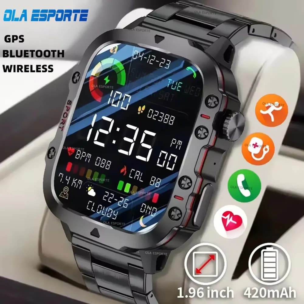 2025 SmartWatch militare da uomo IP68 5ATM Sport all'aria aperta Fitness Tracker Monitoraggio GPS impermeabile Chiamata BT da 1,96 pollici per Android IOS