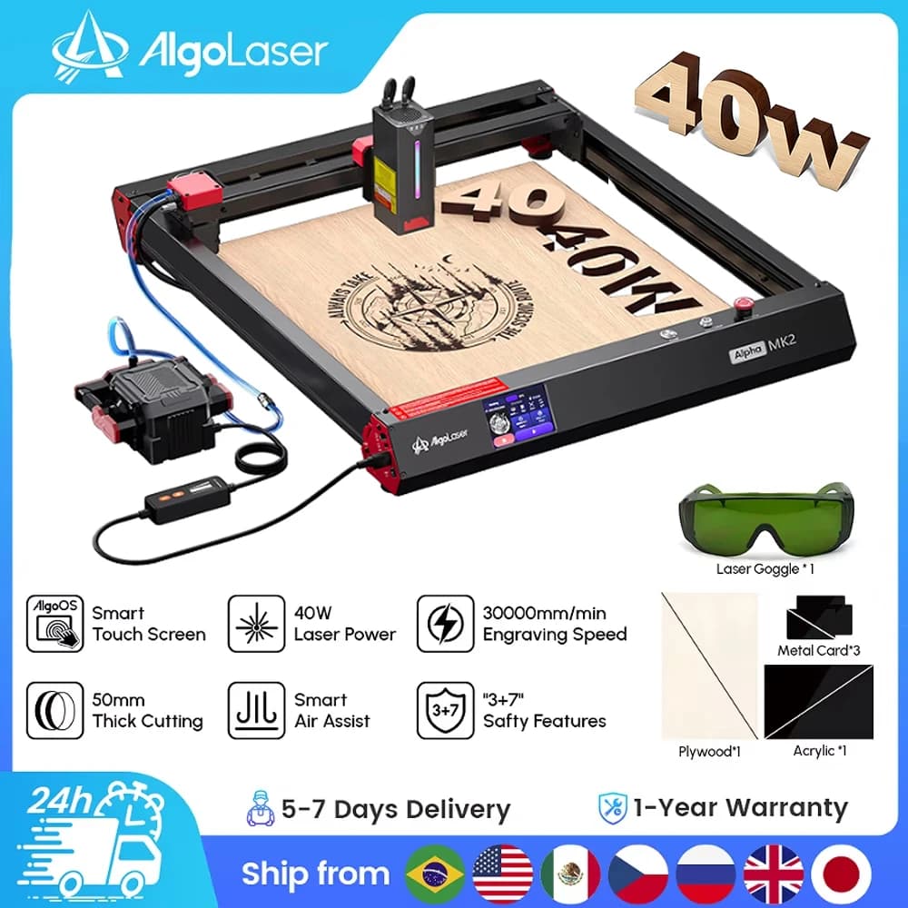 AlgoLaser Laser 3.5" Touchscreen&AlgoOS APP ALPHA MK2 40W Cutting Laser Engraver 40W Output Power 0.01mm Engraving Accuracy Laser Cutter 3d Laser Printer for Wood Plastics Metal